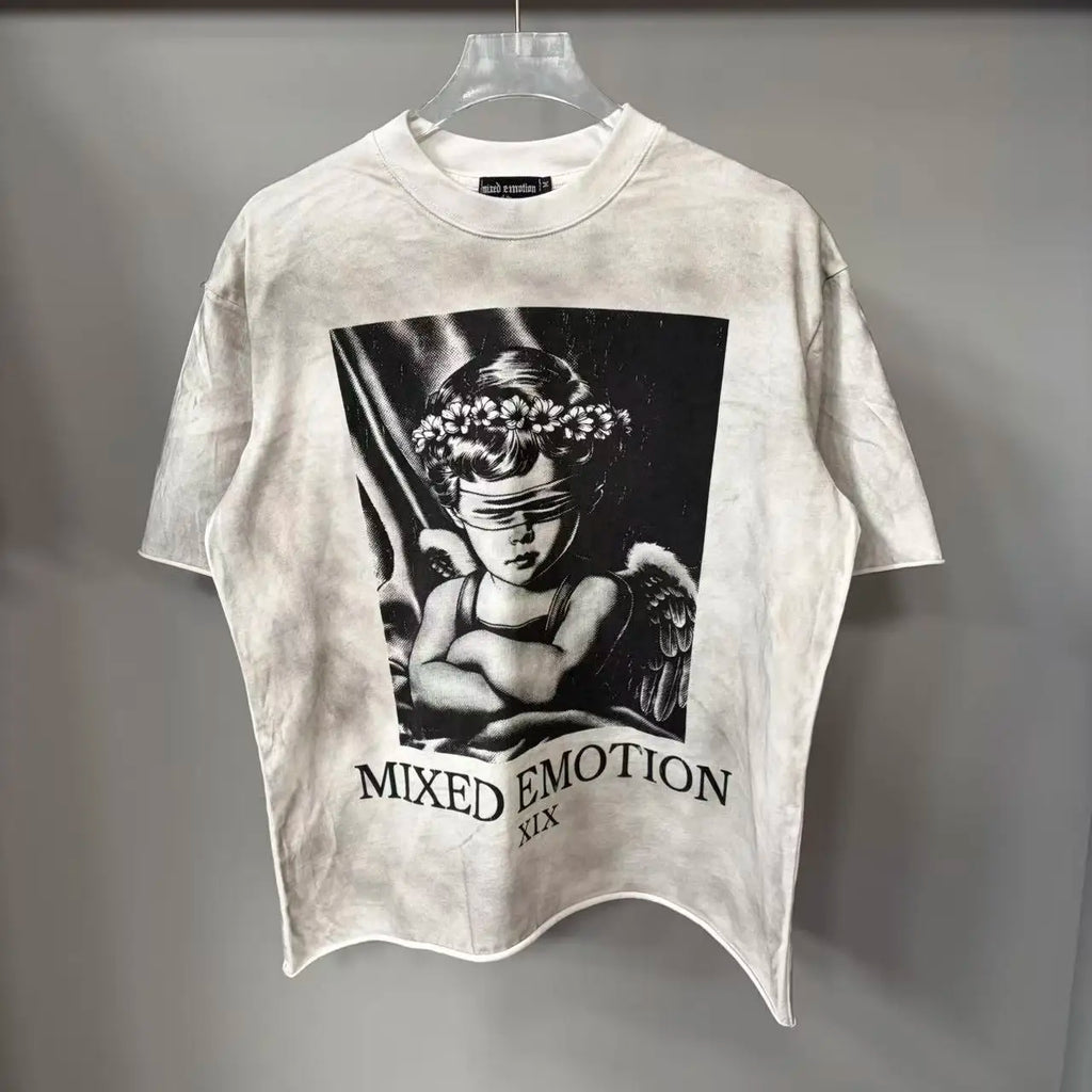 141# New fashion trend brand MIXEDEMOTION printing Shirt Streetwear Cotton Loose Round Neck Oversized Tee Top men t-shirt